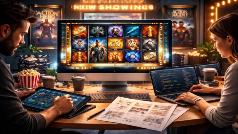 Game designers working on computer screens creating movie-themed online slot games with cinematic visuals, coding interface, and storyboard sketches