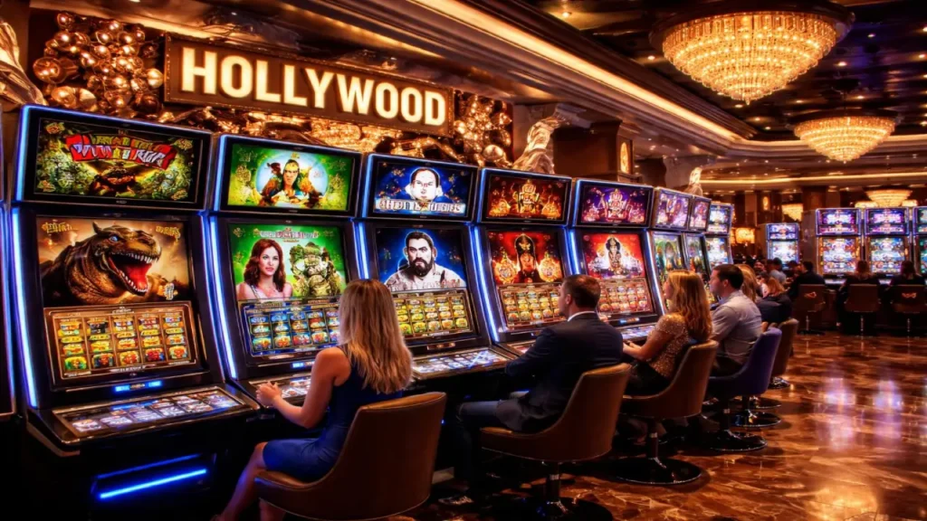 People playing Hollywood themed slot machines in a luxury casino with movie-inspired visuals and bright gaming displays representing popular branded slot games